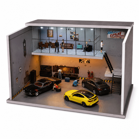 1:64 Diorama 2 Tier Garage Model, 3-Color LED Lighting Japanese Workshop Scene Model Display Case, Parking Lot Workshop Scene Display Storage, Brightness Adjustable, Gift Toy