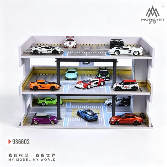 1/64 Diorama 3-Layer Car Garage Model, LED Lighting Japanese Multi-Story Parking Lot Scene Display Case, Building Model Garage, for Diecast Car Models Display, Cars Storage, Display Box