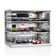 164 Diorama 3 Story Racing Garage Model, LED Lighting Parking Lot Race Scene Display Case, Diecast Model Cars Display Cabinet, Building Model Garage