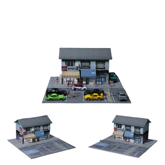 1/64 Diorama Car Garage Model LED Lighting, City Street Bakery Shop Parking Lot Scene Display Model, Die-cast Car Garage Model Display Box Collectible Toy Gifts