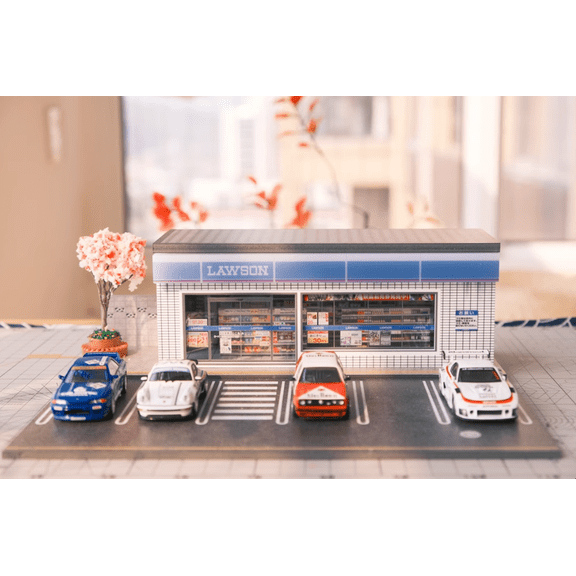 1/64 Diorama Car Garage Model, LED Lighting Japanese Convenience Store Scene Display Case, Building Model Toy, for Diecast Car Model Display