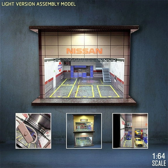 1/64 Diorama Car Garage Model LED Lighting Parking Lot Scene Two-Story Store Scene Display Model, Diecast Car Display Case, Building Model