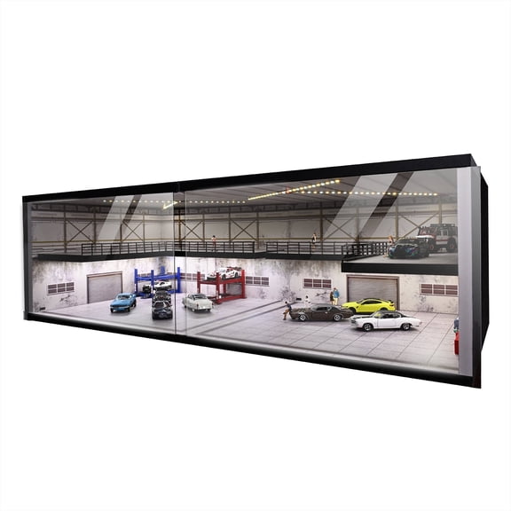 1/64 Diorama Car Garage Model, 3 LED Modes Parking Lot Showroom Scene Display Case,Diecast Garage Model Car Showroom Model,Three Adjustable Lights, Dustproof Acrylic Collection Storage
