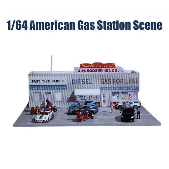 1/64 Diorama Car Garage Model LED Lighting Shown American Gas Station Scene Display Building Model,City Street Die-cast Car Display Case Collection Toys