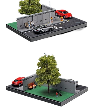 1:64 Diorama Car Parking Lot Model with LED Lights, City Street Coner Scene Display Model, Car Garage Road Miniature Scene Model, Die-Cast Car Display Collection Storage Toys