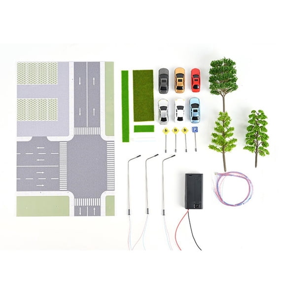 1/64 Diorama Car Parking Lot With Led Light Roadway Tree Display Model Scenery Diy Accessories Train Layout Sandtable Decoration
