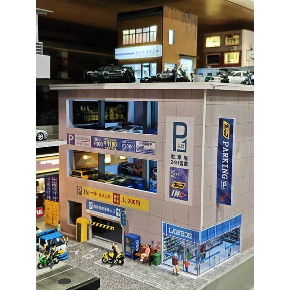 1/64 Diorama Diecast Car Garage Model, LED Lighting Japanese Multi-Story Parking Lot Model Display Case, Building Model Garage, for Diecast Car Models Display, Cars Storage, Display Box