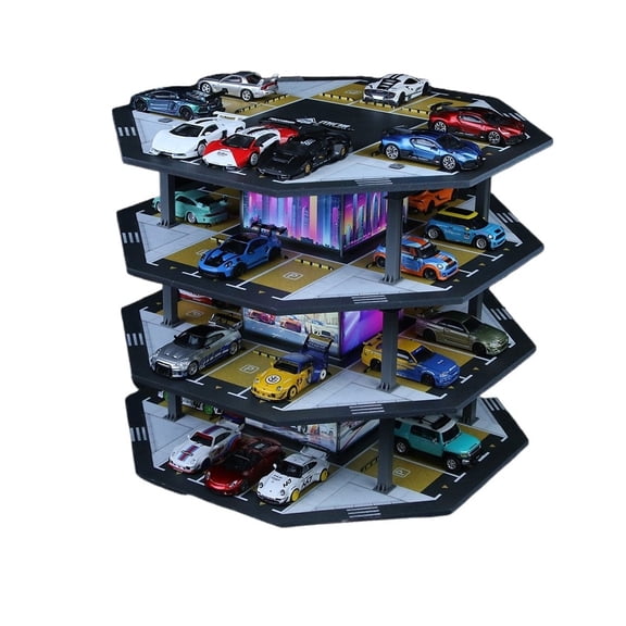 1:64 Diorama Diecast Car Garage Model, LED Lighting Octagonal Tower Parking Lot Scene Building Model, Multi-Story Model Cars Display Case, Display Storage