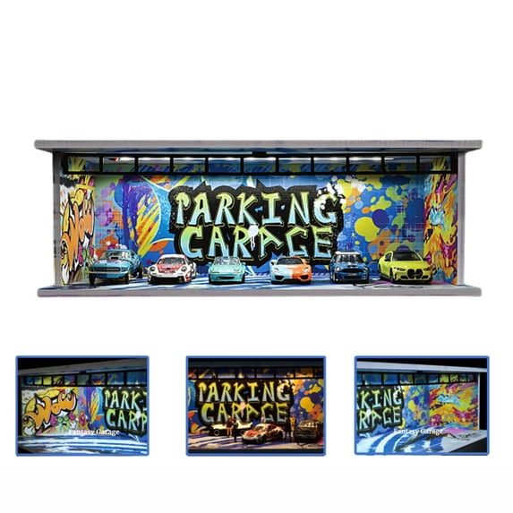 1/64 Diorama Diecast Garage Model, 3 Color LED Lighting City Parking Lot Scene Display Case, Brightness Adjustable Showroom Model