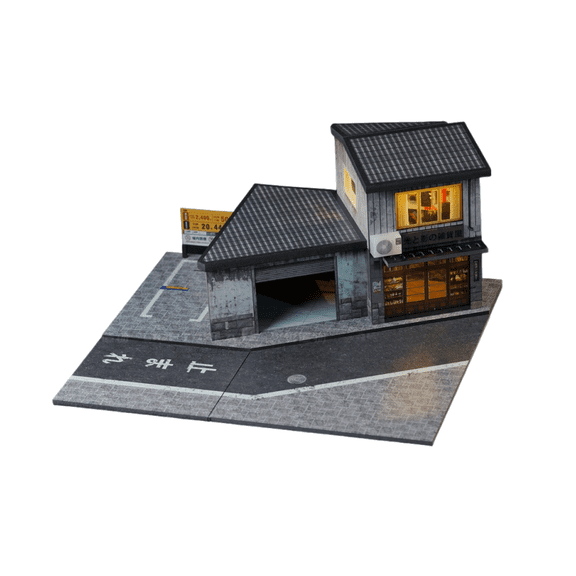 1/64 Diorama Diecast Garage Model, LED Lighting Japanese Store Parking Lot Scene Display Case, Model Cars Display Storage,Building Model Garage