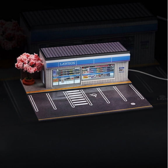 1/64 Diorama Diecast Garage Model, LED Lighting Japanese Store Parking Lot Scene Display Case, Model Cars Display Storage,Building Model Garage