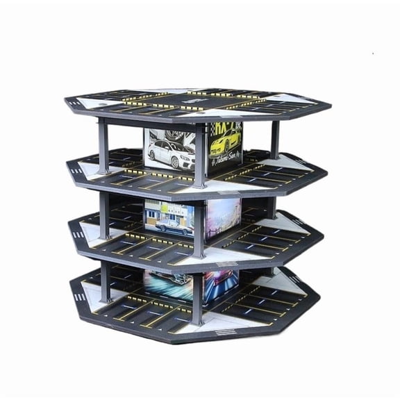 1:64 Diorama Diecast Garage Model, LED Lighting Octagonal Tower Parking Lot Scene Building Model, Multi-Story Model Cars Display Case, Display Cabinet