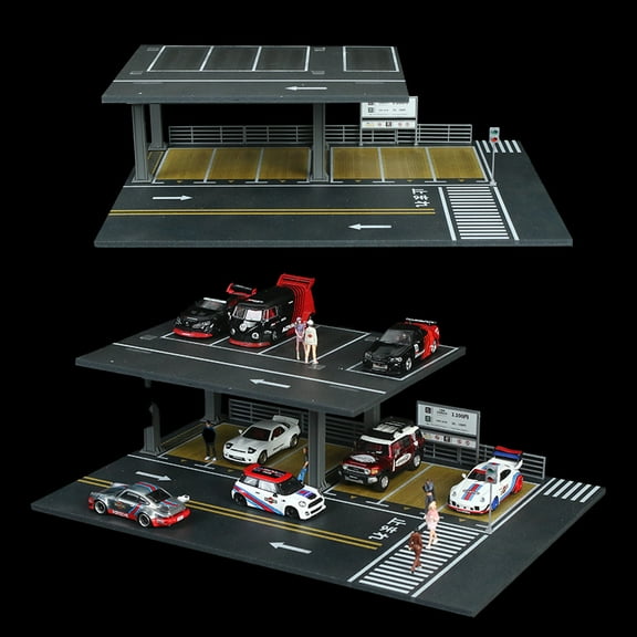 Diorama 1:64 Scale Parking Lot Model 2-Story Garage Workshop Display Case for Model Cars,DIY Assembly Garage Model