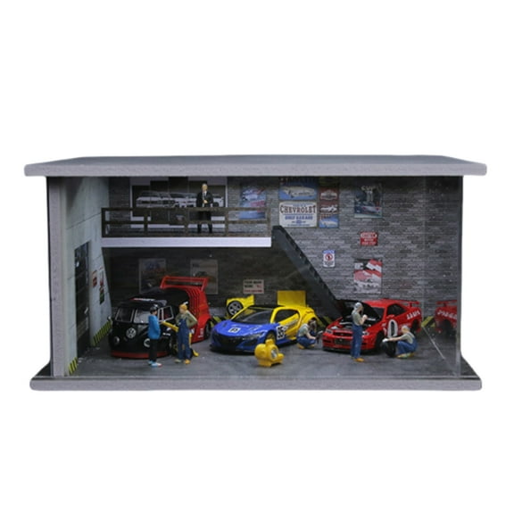 1/64 Diorama Garage Model LED Lighting Repair Workshop Scene Model Display Case,Parking Lot Model for Diecast Car Model, With Acrylic Dust Door