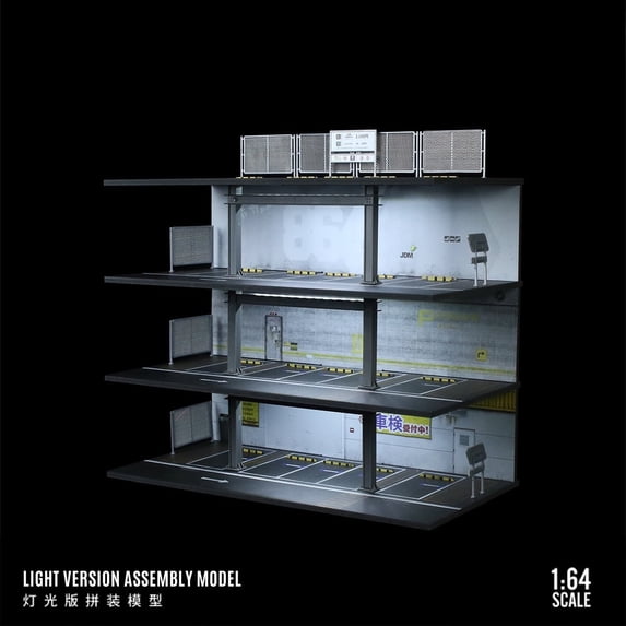 1:64 Diorama Garage Model with LED Lighting, Multi-Story Parking Lot Scene Display Case Toy for Diecast Car Models and Hot Wheels