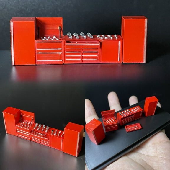 1:64 Diorama Scale Garage Workbench Model Set, Mini Garage Red Tool Cabinet Equipment for Diecast Car Model , Workshop Maintenance Scene Display Tool Accessories