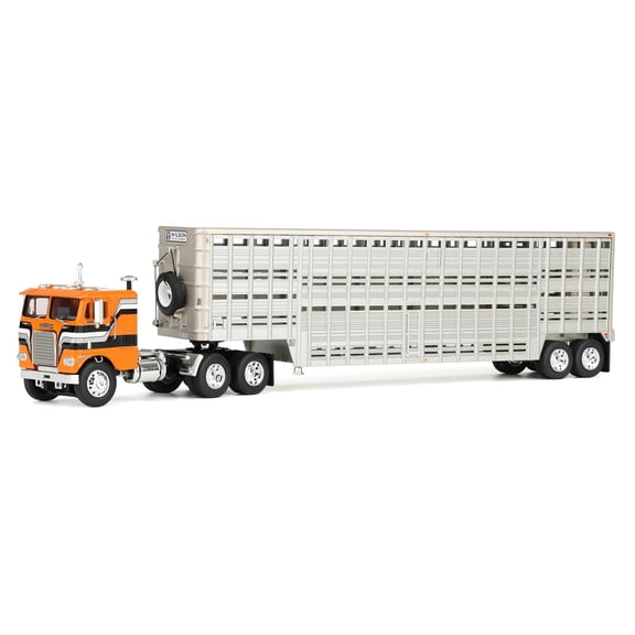 1/64 Freightliner COE Semi Truck with 45ft Wilson Vintage Livestock Trailer, Orange/Black, DCP by First Gear, 60-2290