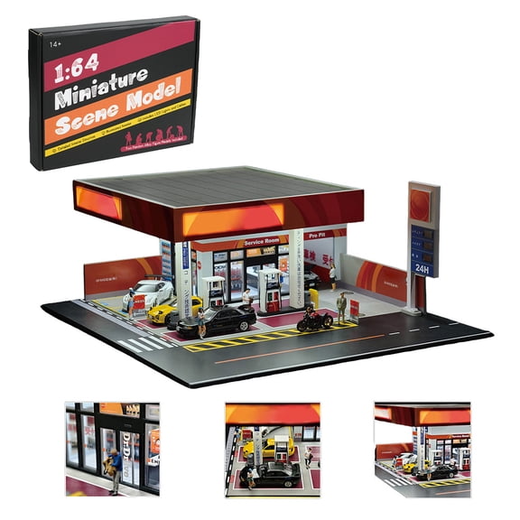 1/64 Gas Station Building Scene Model, Realistic DIY Miniature Gas Station Diorama Kit with 2 Random Alloy Figures/Lights, Excludes Vehicles Tools, Home Decor