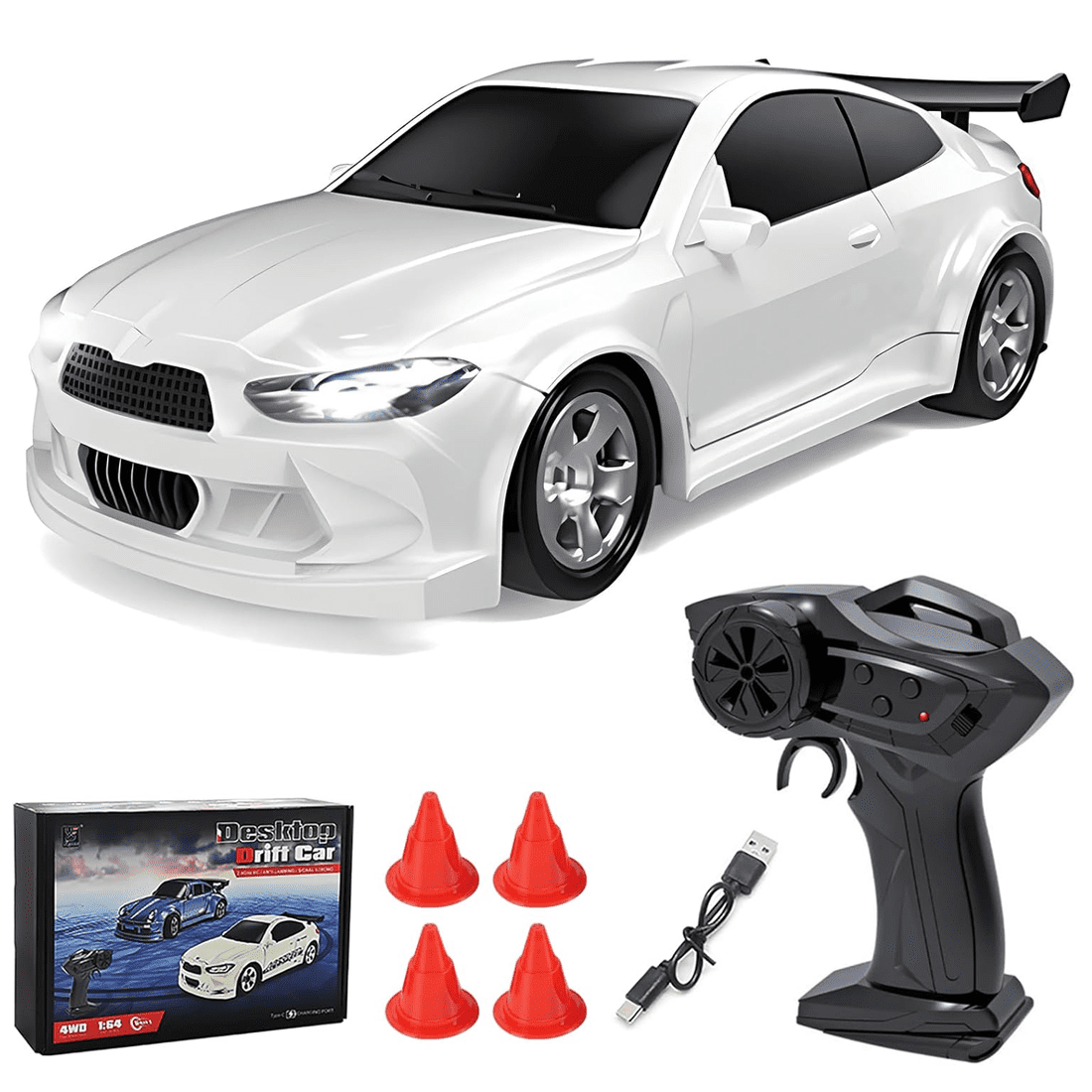 1:64 Mini 4WD RC Drift Car, Desktop Remote Control Racing Car with 612 Motor, LED Lights, High/Low Speed, Proportional Throttle & 3.7V Battery – RC Toy for Adults