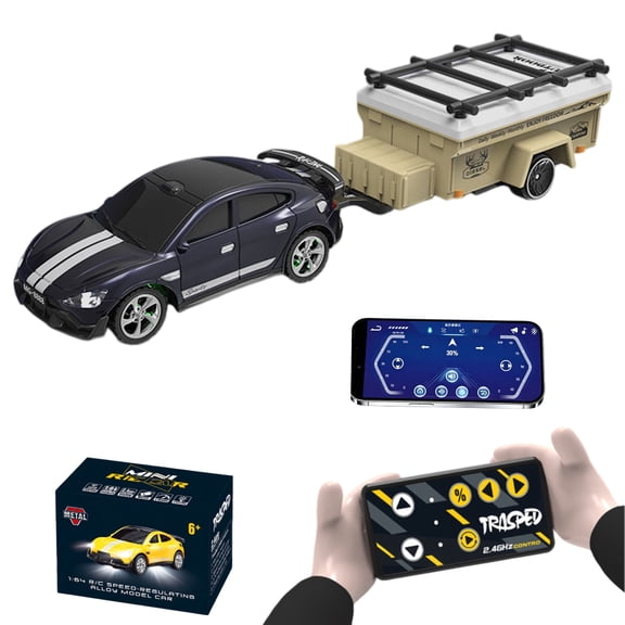 1/64 Mini Alloy RC Car with Detachable Trailer, 2.4GHz Dual Control (Remote & APP) Toy Drift Car, Mini RC Truck, LED Atmosphere Lights