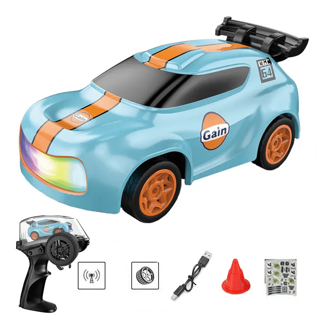 1:64 Mini RC Drift Car with LED Light, 4WD High-Speed Remote Control Car Model, 2.4GHz Full Proportional Desktop Racing Vehicle Toy Gift for Enthusiasts