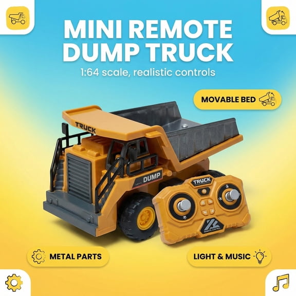1:64 Mini RC Dump Truck, Alloy & Plastic Composite, Rotatable Tipping Bed with LED Lights, Battery & Charger Included, Kids Construction Vehicle Toy Ages 6+