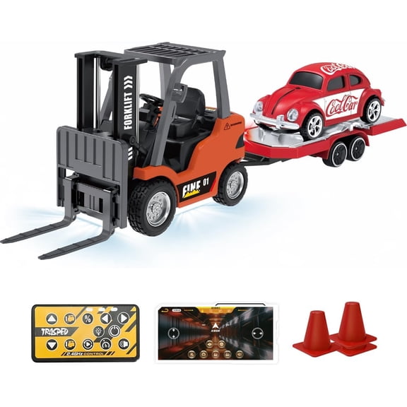 1/64 Mini RC Forklift, 2.4G 10KM/h Full-Proportional Remote Control Forklift with Trailer, Cargo Hook, Forks and Pallet, Christmas & Birthday Gifts(Carmine)