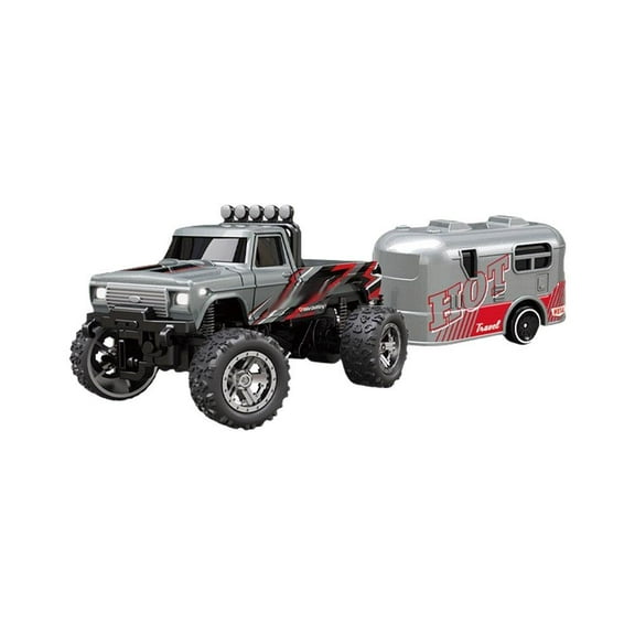 1:64 Mini RC Monster Truck with Detachable Trailer, 2.4G Alloy Shell Off-Road Crawler, 3-Speed Modes & Cruise Control, Type-C Rechargeable Small Remote Control Car with LED Lights - Gray