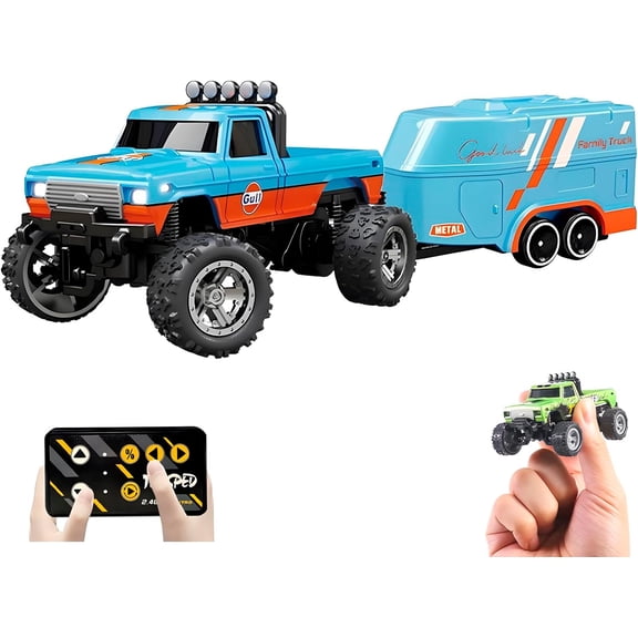 1:64 Mini RC Monster Truck with LED Lights | 2.4GHz Off-Road Remote Control Car | 3 Speed Adjustable, USB Rechargeable Alloy RC Truck for Kids & Adults Indoor/Outdoor Racing (Orange Blue)