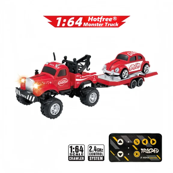 1/64 Mini RC Monster Truck, Metal Off-Road Stomper with Trailer, 2.4GHz Remote Control All-Terrain Vehicle, 3-Speed Adjustable, USB-C Rechargeable, Desktop Play, Indoor Outdoor Racing Toy,