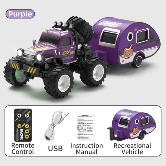1/64 Mini RC Monster Truck, Metal Off-Road Stomper with Trailer, 2.4GHz Remote Control All-Terrain Vehicle, 3-Speed Adjustable, USB-C Rechargeable, Desktop Play, Indoor Outdoor Racing Toy,