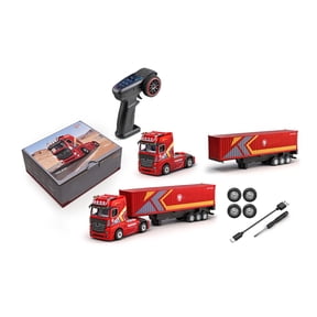 1/64 RC Container Truck 2.4GHz 4WD, Full Proportional Remote Control Trailer Truck with Independent Trailer Control, 3-Speed Modes, Cruise Function, LED Lights & Sound Effects RTR Red