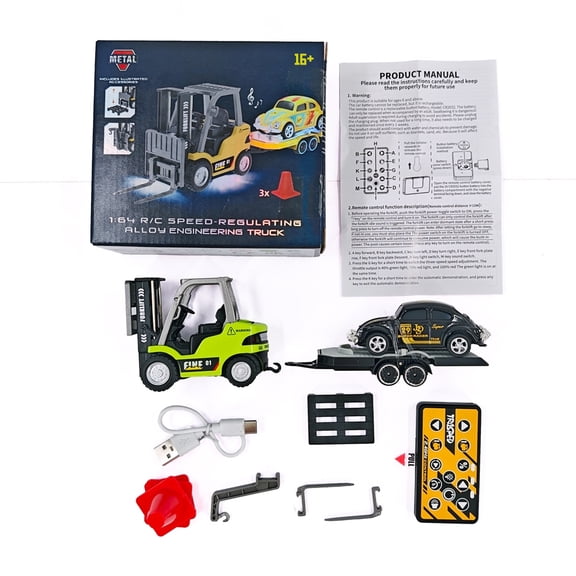 1:64 RC Engineering Forklift Crane Switch Vehicle with Trailer & Roadblocks, Sound Effects & LED Lighting, 2.4GHz Remote Control 3-speed adjustment Construction Vehicle