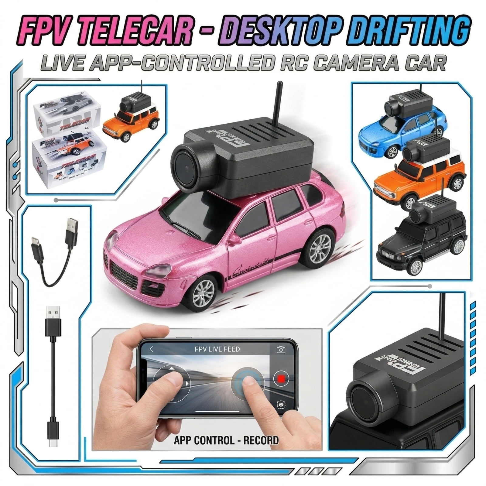 1:64 RC Mini Climbing Alloy Video Car with APP Control and Radio Remote Control HD Camera FPV Cars