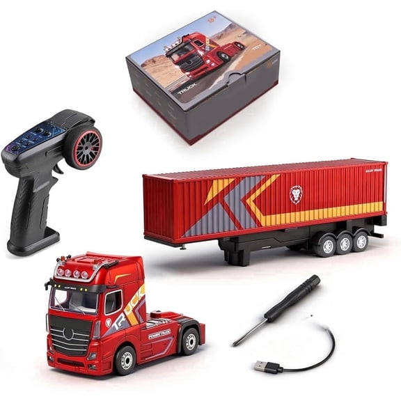 Bruce&Shark 1/64 RC Semi Truck 2.4G 4WD Mini Remote Control Container Truck Model with Proportional Steering, Independent Trailer Control, 3-Gear Modes, Cruise Function - RTR