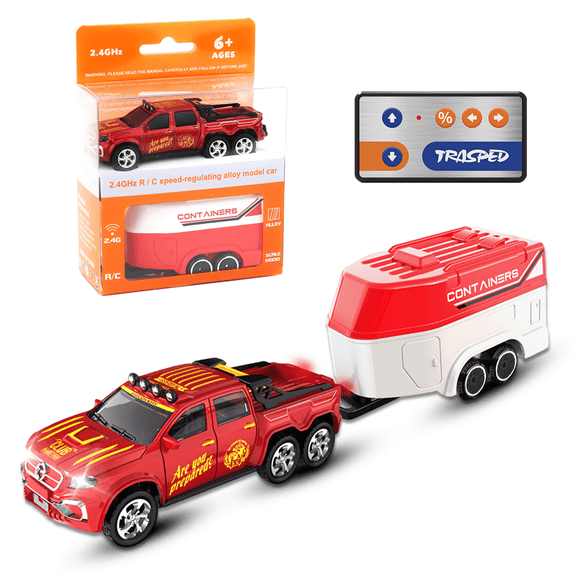 1:64 Red Remote Control Toy Cars for Kids 2.4Ghz Adjustable Speed Scale Alloy Pickup RC Trucks with Trailer and Car Lights, USB-C Recharging, Easy to Operate, Festive Gift for Children, Boys, Girls