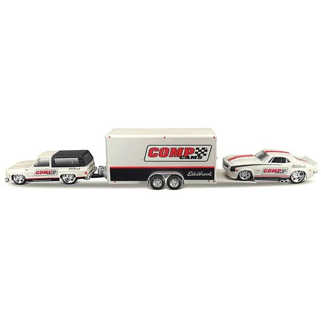 1 to 64 Scale 1979 Chevrolet K5 Blazer White, Black & 1968 Chevrolet Camaro Z to 28 White with Enclosed Car Trailer Comp Cams Edlebrock Team Haulers Series Diecast Model Car