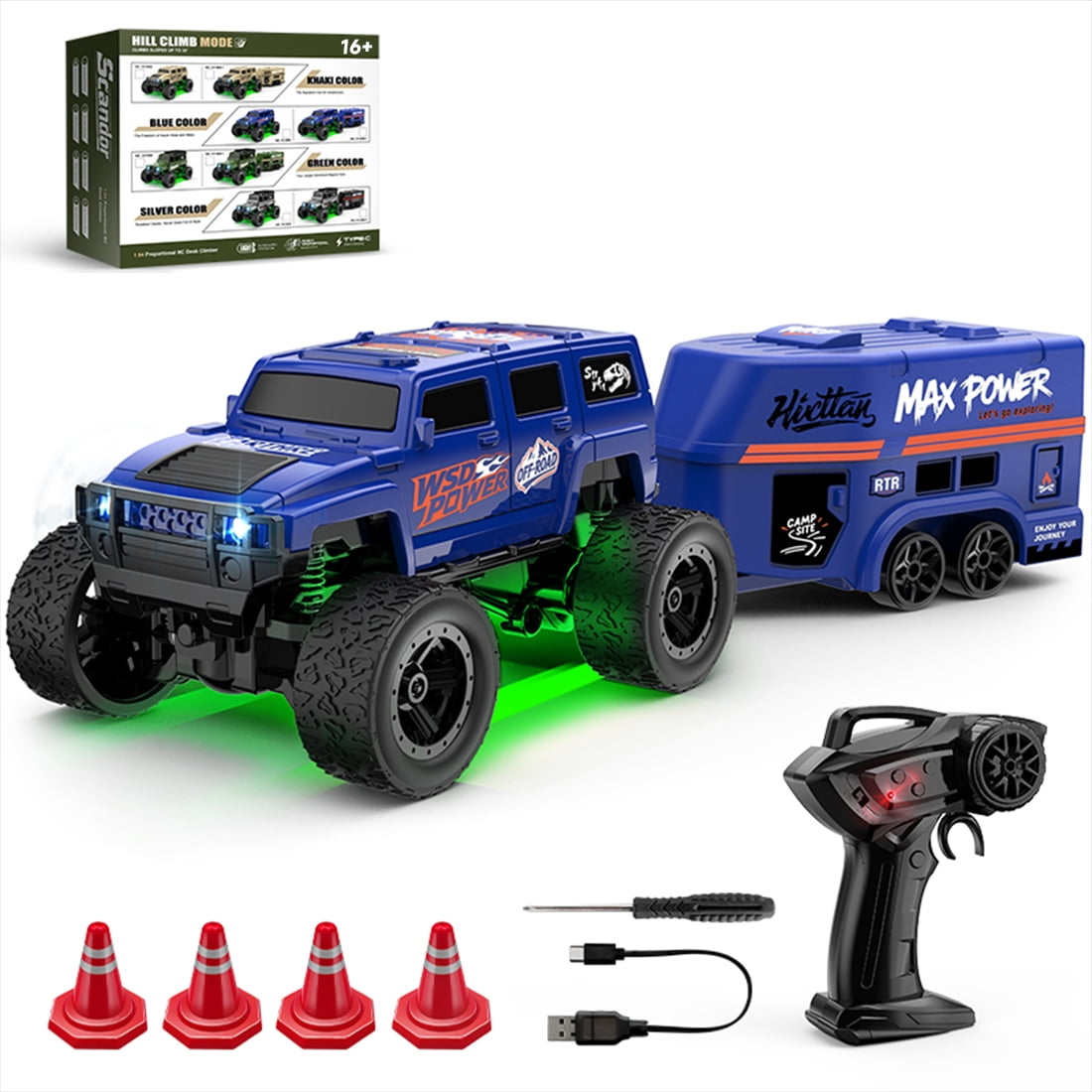 1/64 Scale 2.4G Full Proportional RC Rock Crawler with Detachable Trailer, LED Lights, Dual Velocity Mode, Mini Off-Road RC Monster Truck for Indoor & Outdoor