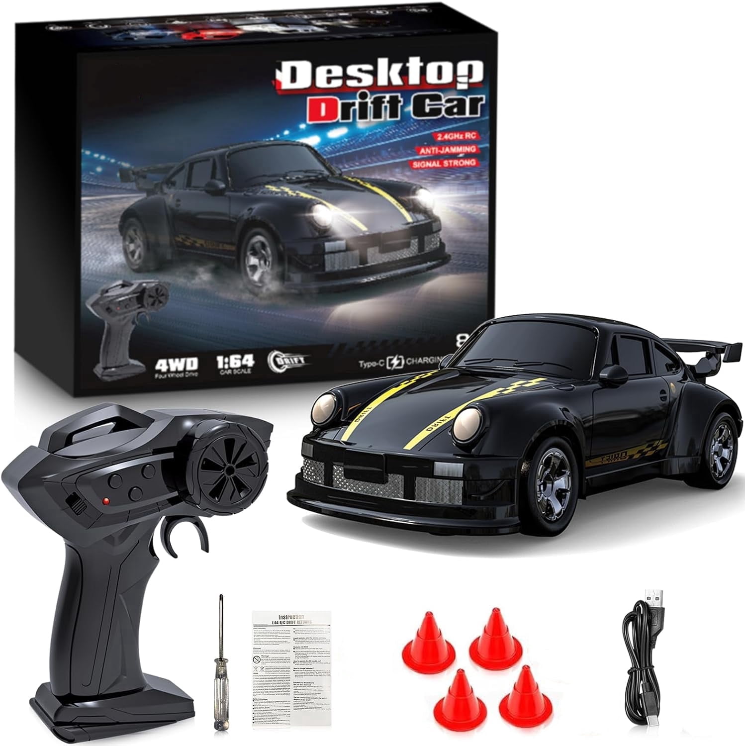 1/64 Scale 2.4G High Speed Drift RC Car, Remote Control Drift 4WD Mini Lights System, Desktop Drift Car for Adults (Black)