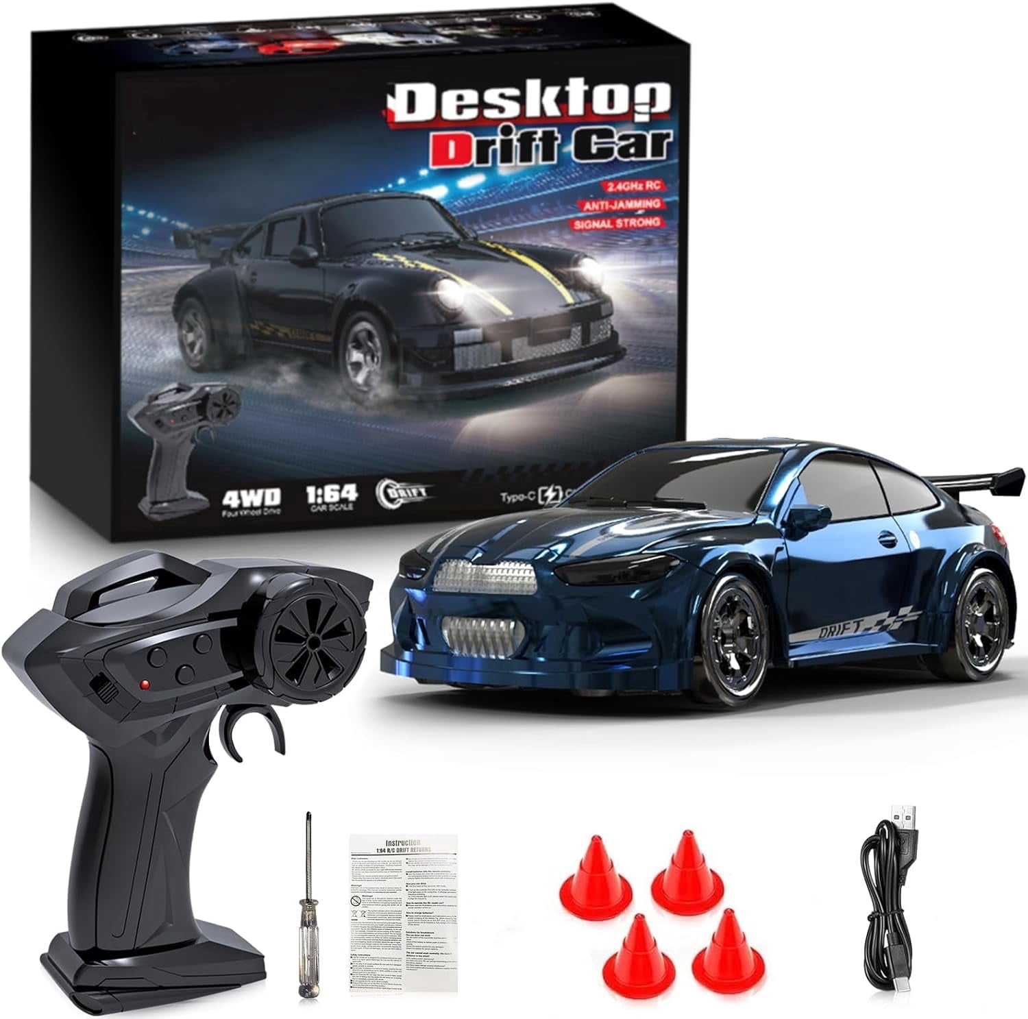 1/64 Scale 2.4G High Speed Drift RC Car, Remote Control Drift 4WD Mini Lights System, Desktop Drift Car for Adults (Blue)
