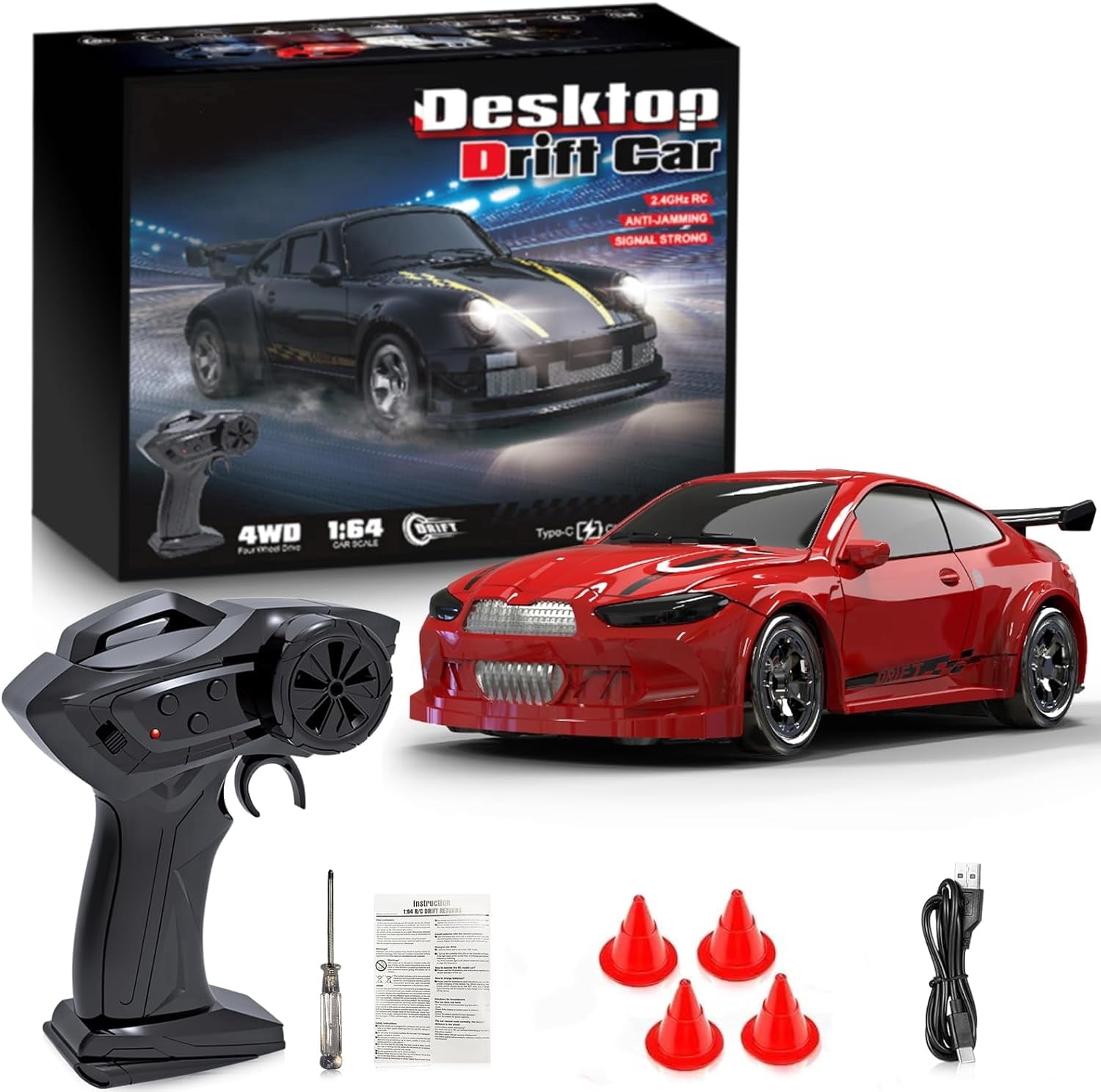 1/64 Scale 2.4G High Speed Drift RC Car, Remote Control Drift 4WD Mini Lights System, Desktop Drift Car for Adults (Red)