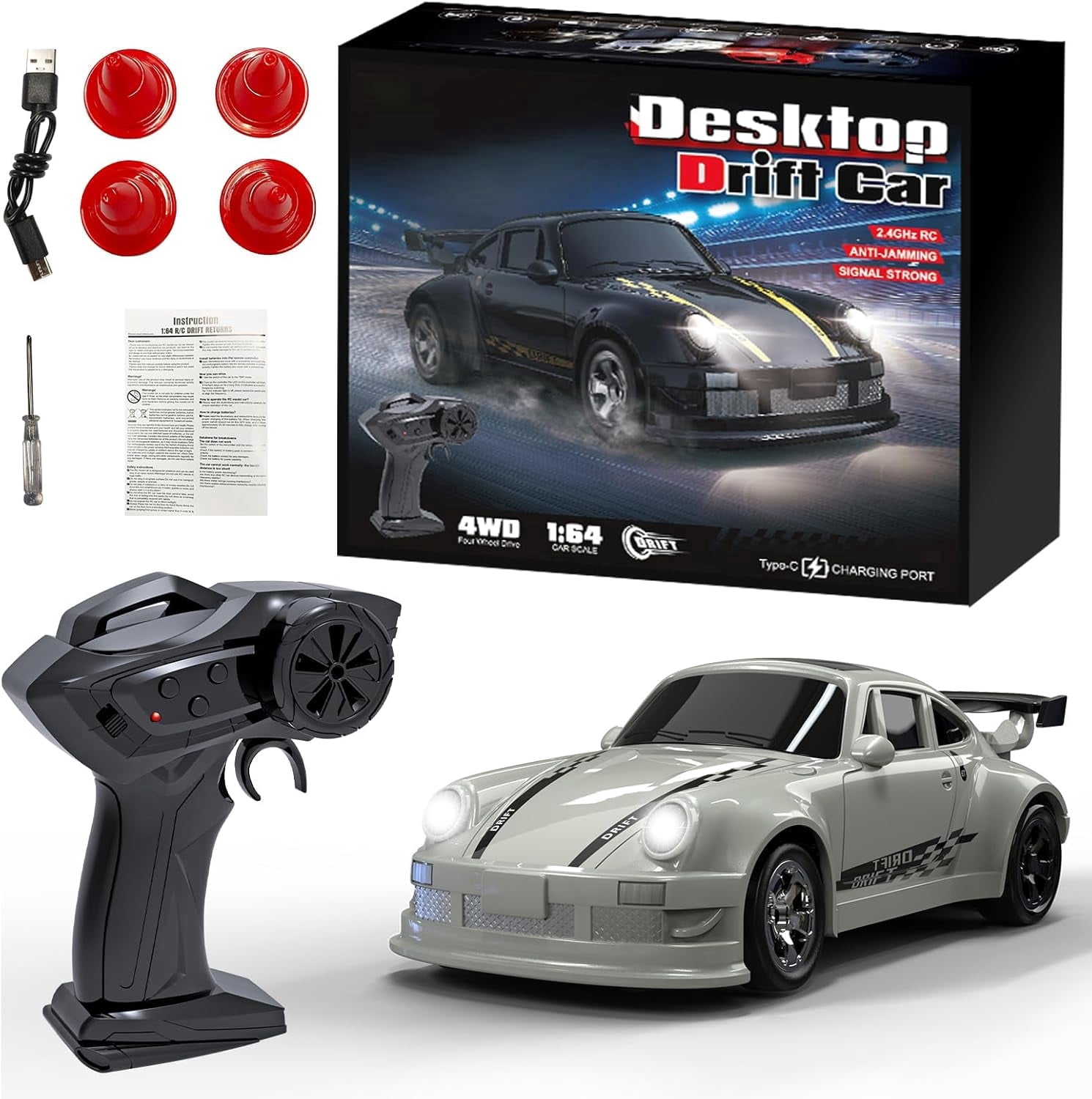 1/64 Scale 2.4G High Speed Drift RC Car, Remote Control Drift 4WD Mini Lights System, Desktop Drift Car for Adults (White)