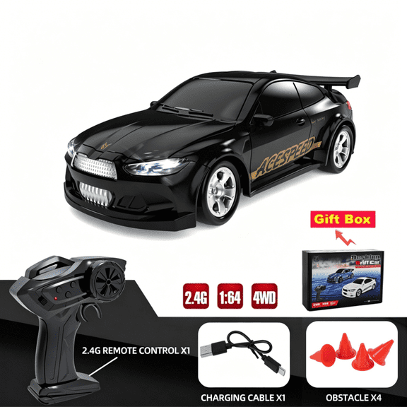 1/64 Scale 4WD RC Car, 2.4GHz High Speed Vehicle with LED Lights, Proportional Throttle, USB Charging, Mini Desktop Drift Sport Car