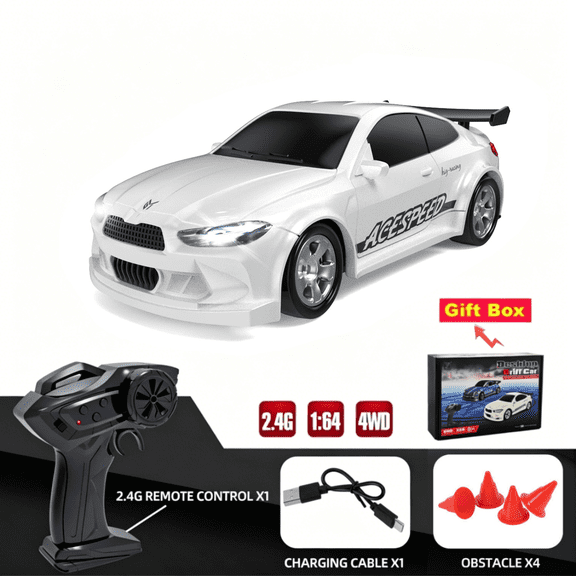1/64 Scale 4WD RC Car, 2.4GHz High Speed Vehicle with LED Lights, Proportional Throttle, USB Charging, Mini Desktop Drift Sport Car