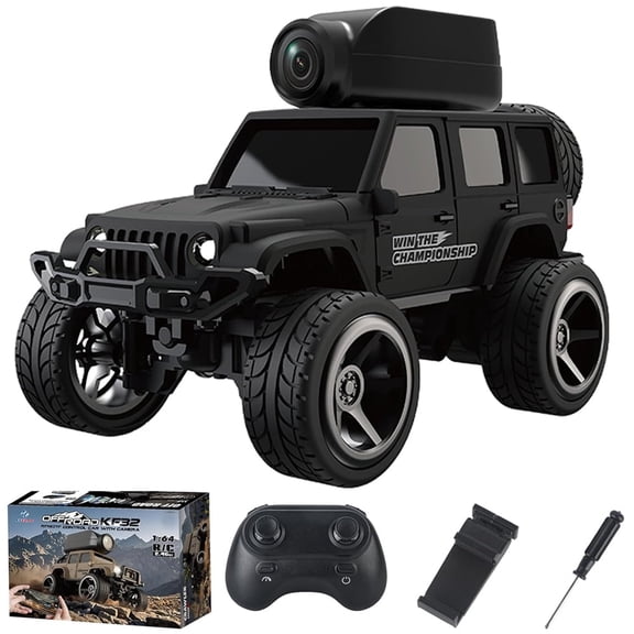 1:64 Scale Alloy RC Car with Camera, 2.4G 4WD Off-Road Crawler with FPV Phone App Control, Desktop Remote Control Car for Adults, Mini Video Exploration Vehicle - KF32 Black