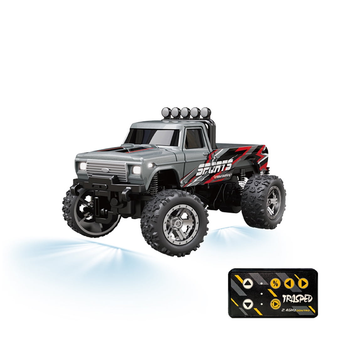 1:64 Scale Alloy RC Monster Truck, 2.4G 3-Speed Proportional Remote Control Car with Multi-Vehicle Mode & LED Lights, All-Terrain Off-Road Mini Truck for Adults and Hobbyists HG4-229 Gray
