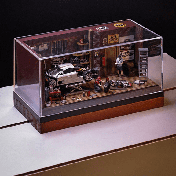 1/64 Scale Auto Repair Garage Diorama with LED Lighting, Miniature Workshop Display Base with Lift & Accessories, Dust Cover, 3D Puzzle Mini House Building Kit for Adults
