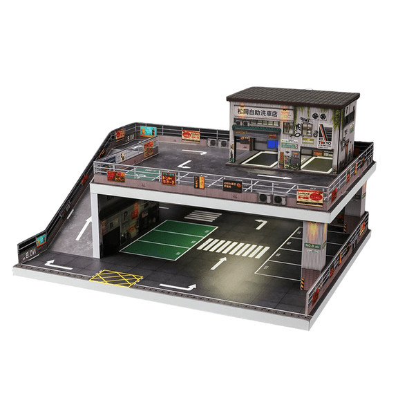 1/64 Scale Car Wash Parking Garage Diorama with LED Lights, Two-Theme Design Car Display Models, Shops Display Scene Model, Miniature Parking Buildings Cases(No Vehicles or Figures)