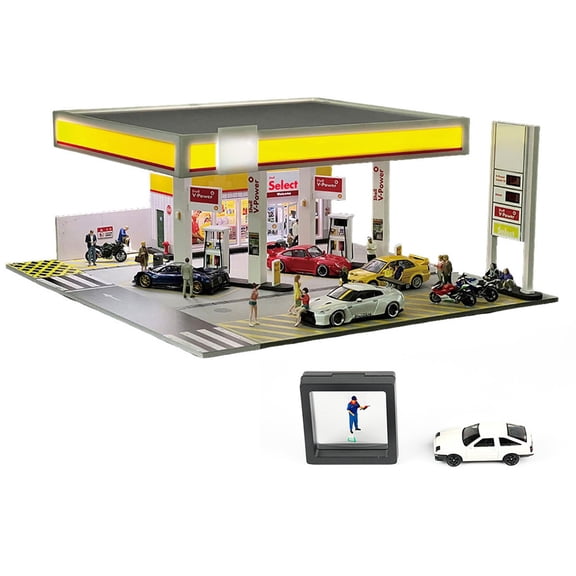 1/64 Scale Classic Gas Station Building Scene Model with LED Lighting, Miniature Diorama Display for Diecast Cars (Cars & Figures Not Included)