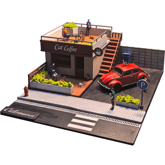 1/64 Scale Coffee Shop Parking Lot Diorama Miniature Street Scene Model Display Base With Urban Layout Accessories For Adults Enthusiasts